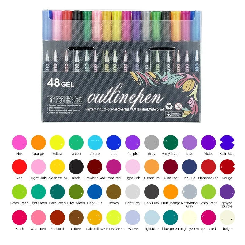 48 color double line outline marker set with complete metallic and fluorescent color selection