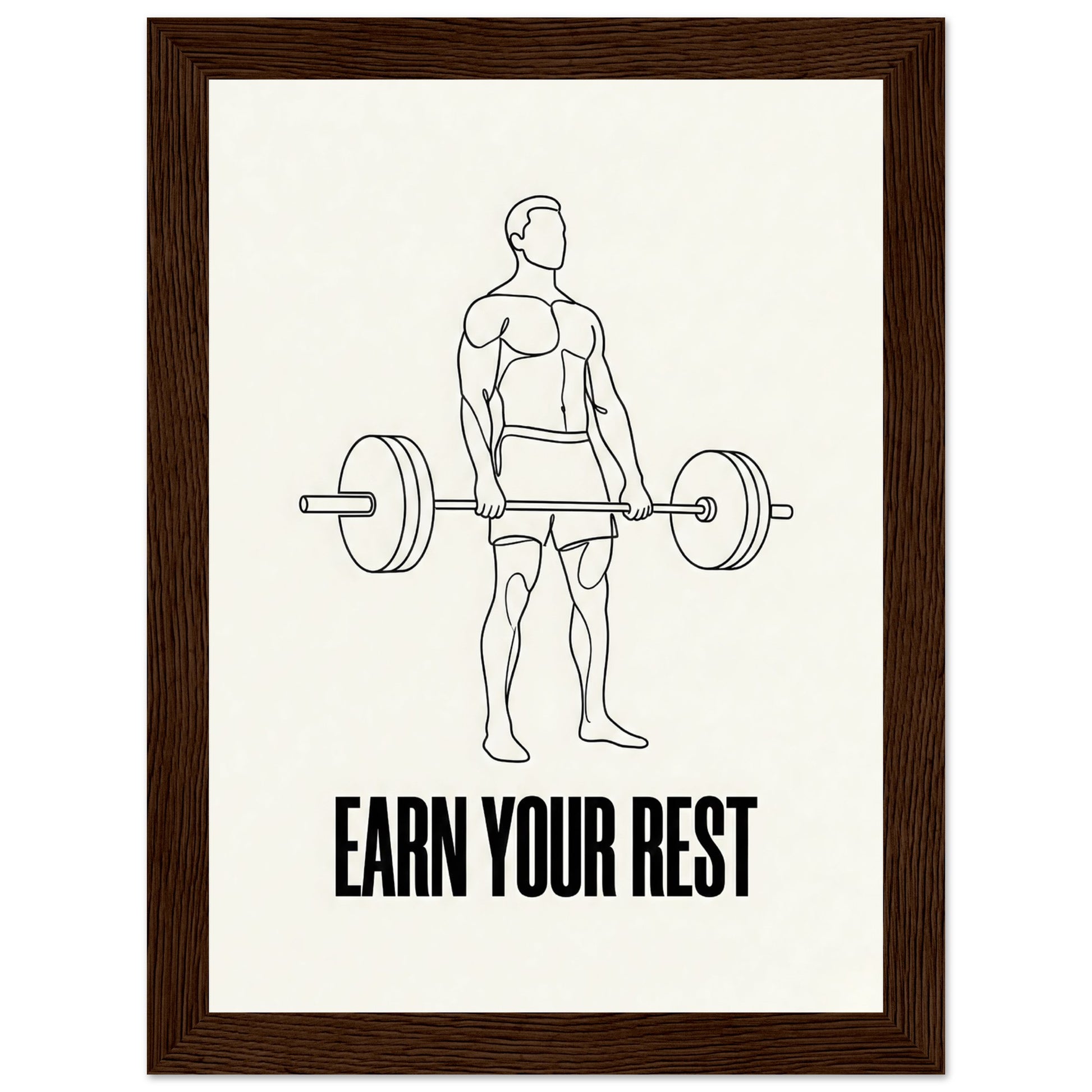 Earn Your Rest — Minimalist Deadlift Gym Poster - 13x18 cm / 5x7″ - Dark wood frame / Ready-to-hang - Sparkycare