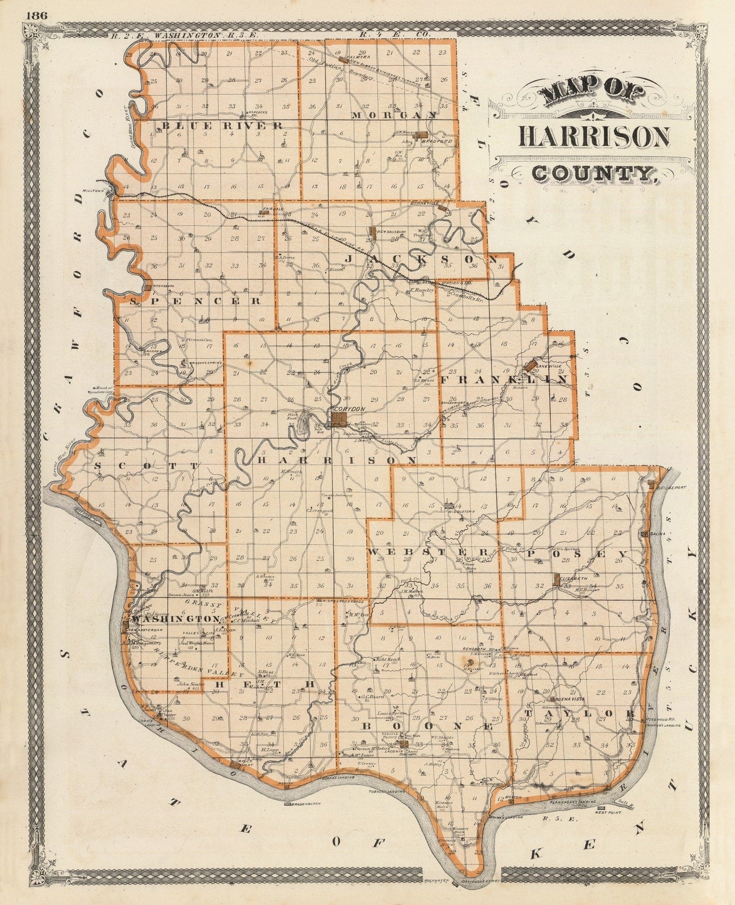 Vintage Map of Harrison County, Indiana, 1876