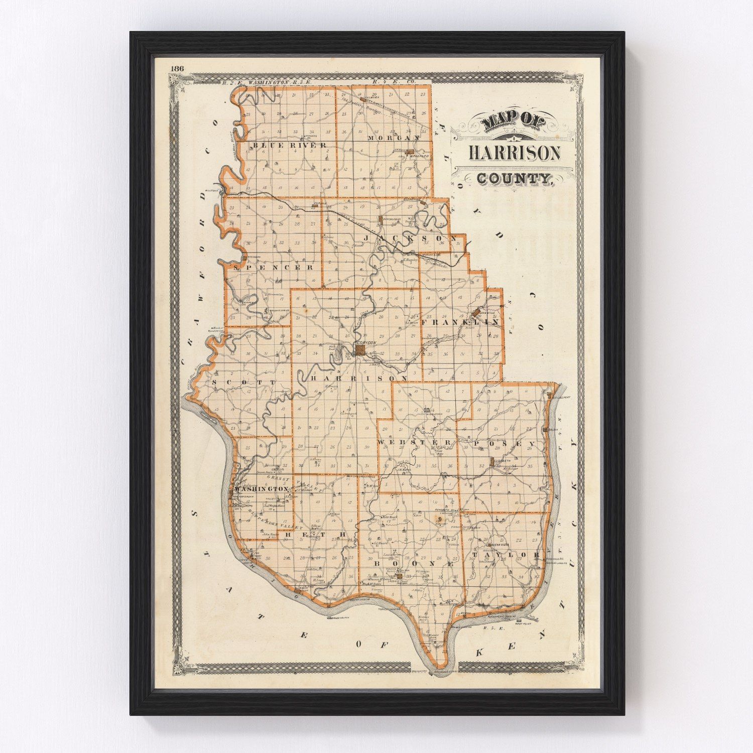 Vintage map of Harrison County, Indiana, 1876
