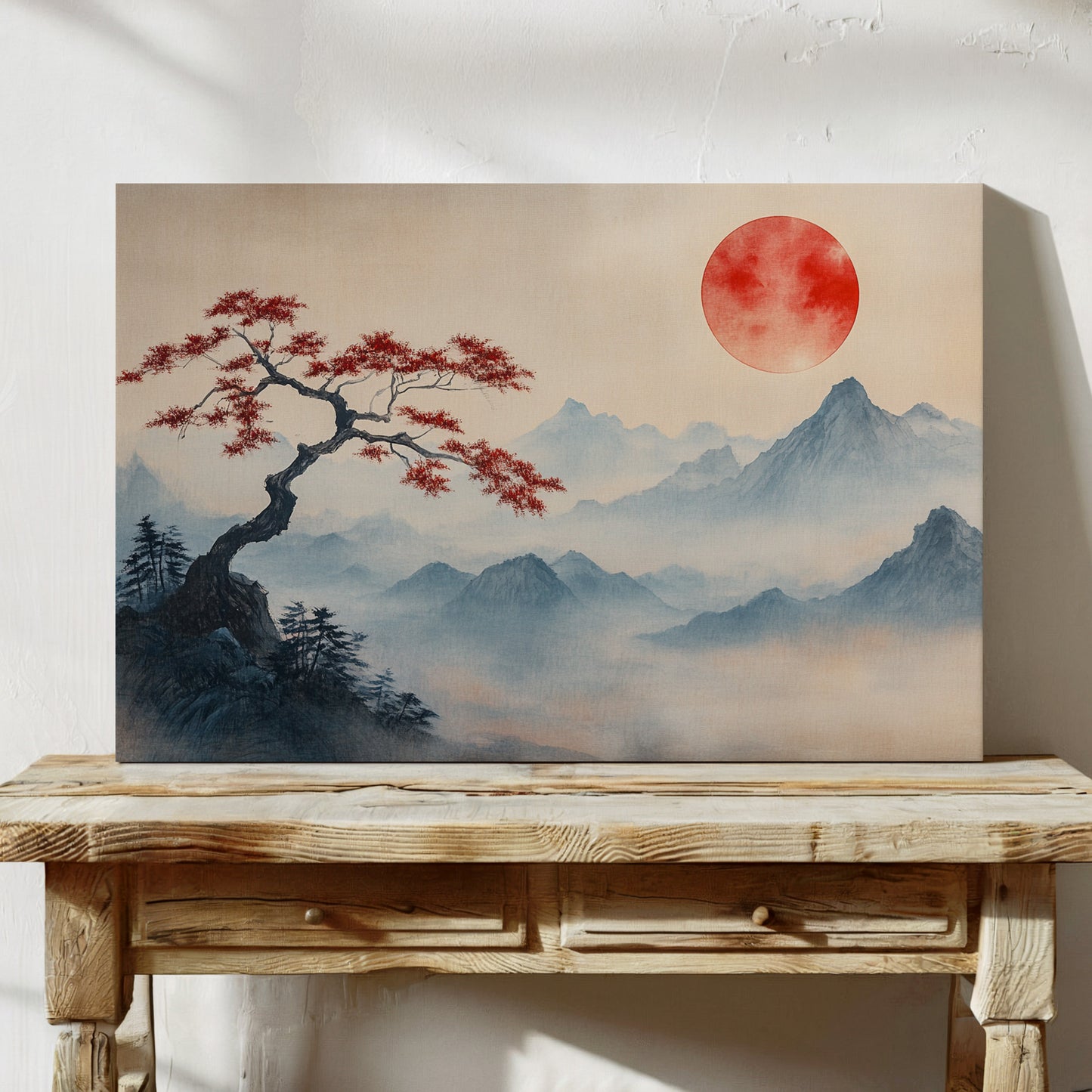 Japanese Red Sun and Bonsai Mountain Wall Art Print
