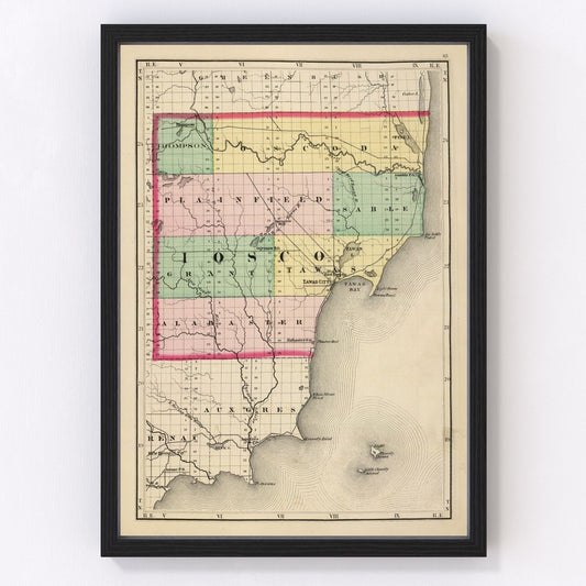 Vintage map of Iosco County, Michigan, 1873