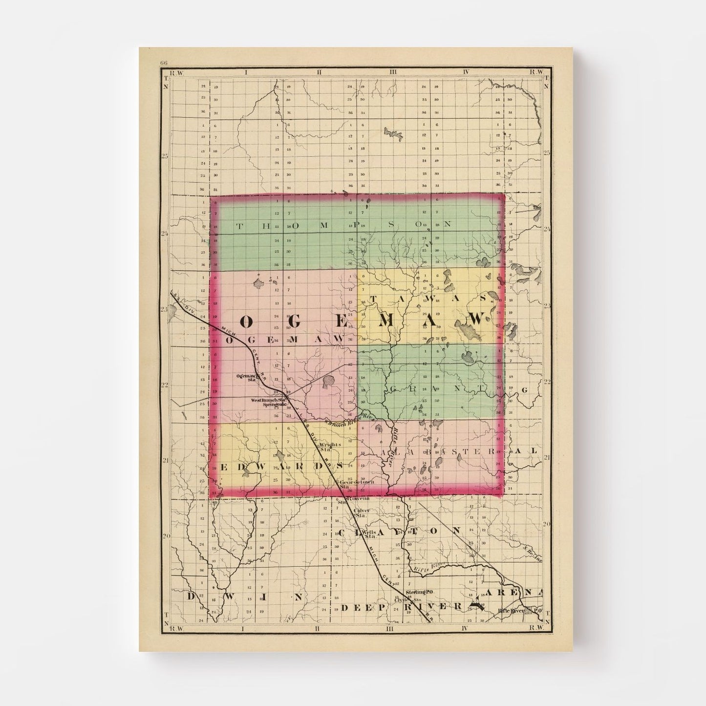Vintage Map of Ogemaw County, Michigan, 1873