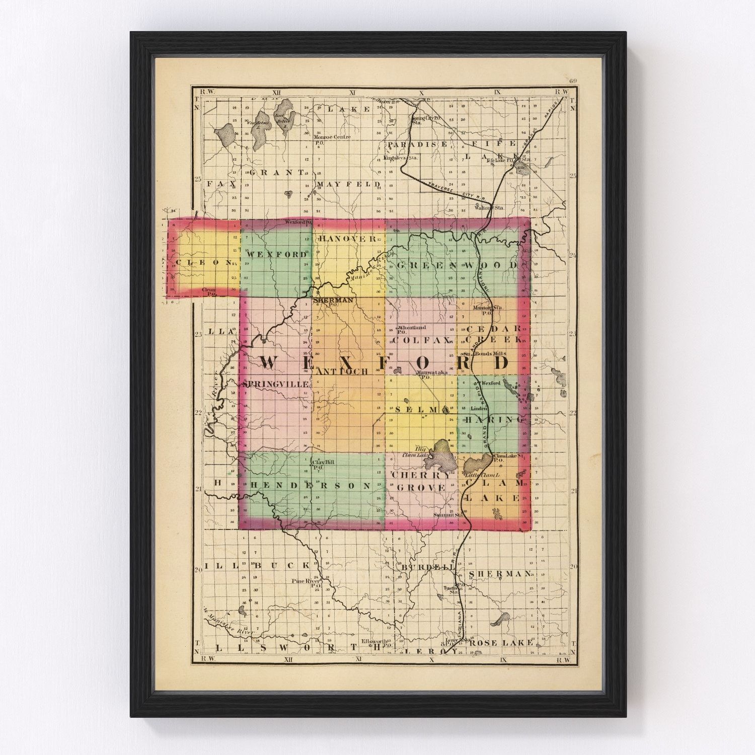Vintage map of Wexford County, Michigan, 1873, timber era lakes and rivers