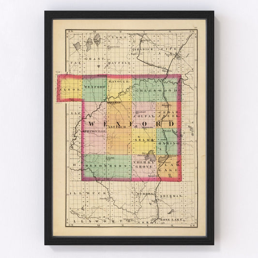 Vintage map of Wexford County, Michigan, 1873, timber era lakes and rivers