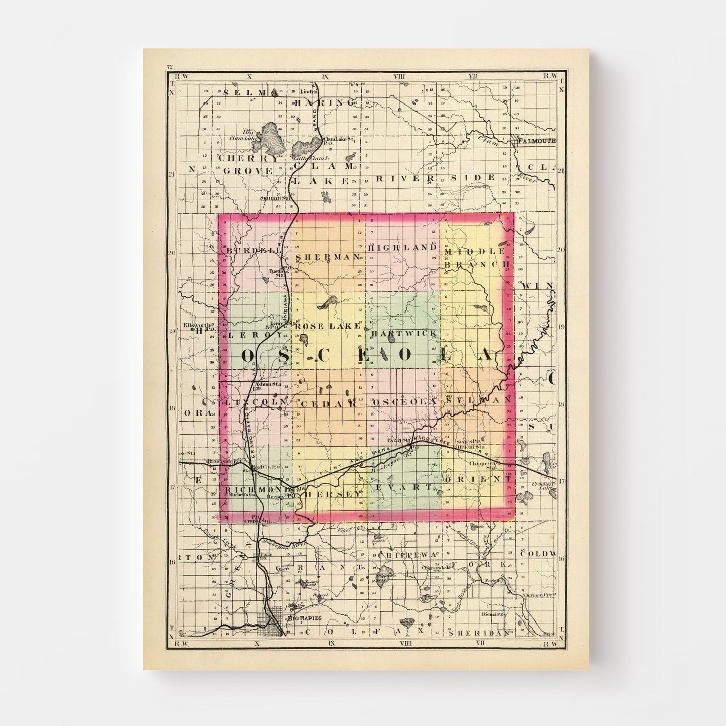 Vintage Map of Osceola County, Michigan, 1873