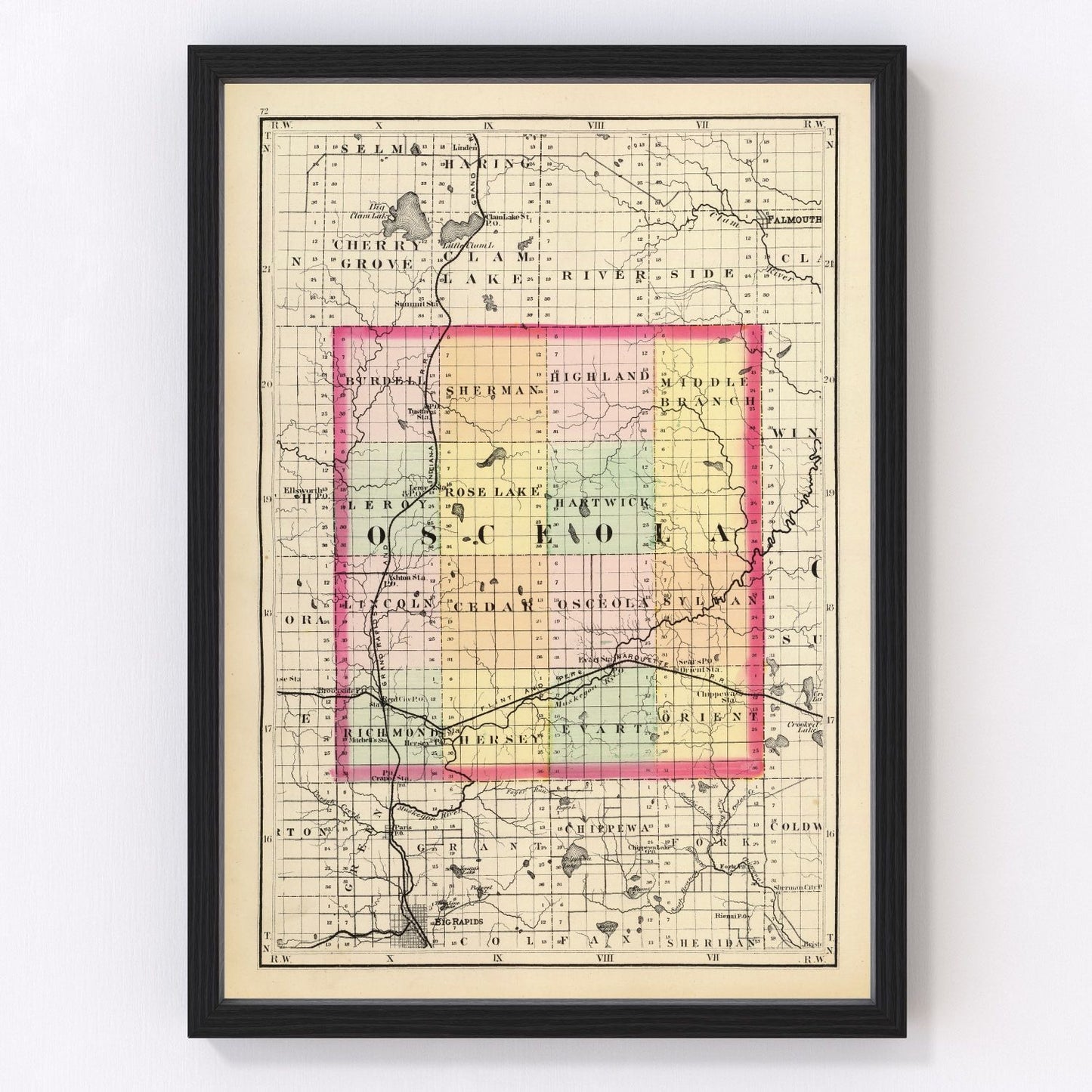 Vintage map of Osceola County, Michigan, 1873