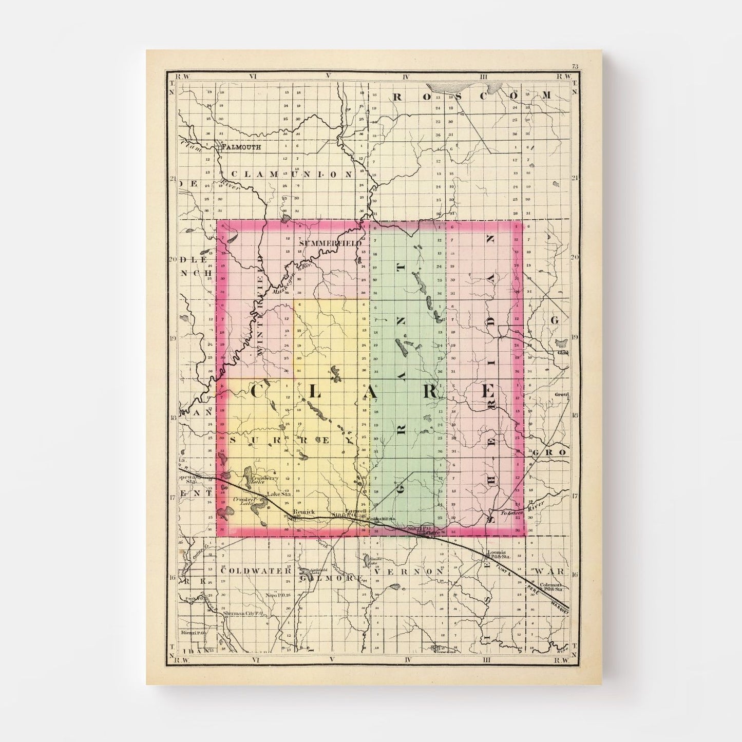 Vintage Map of Clare County, Michigan, 1873