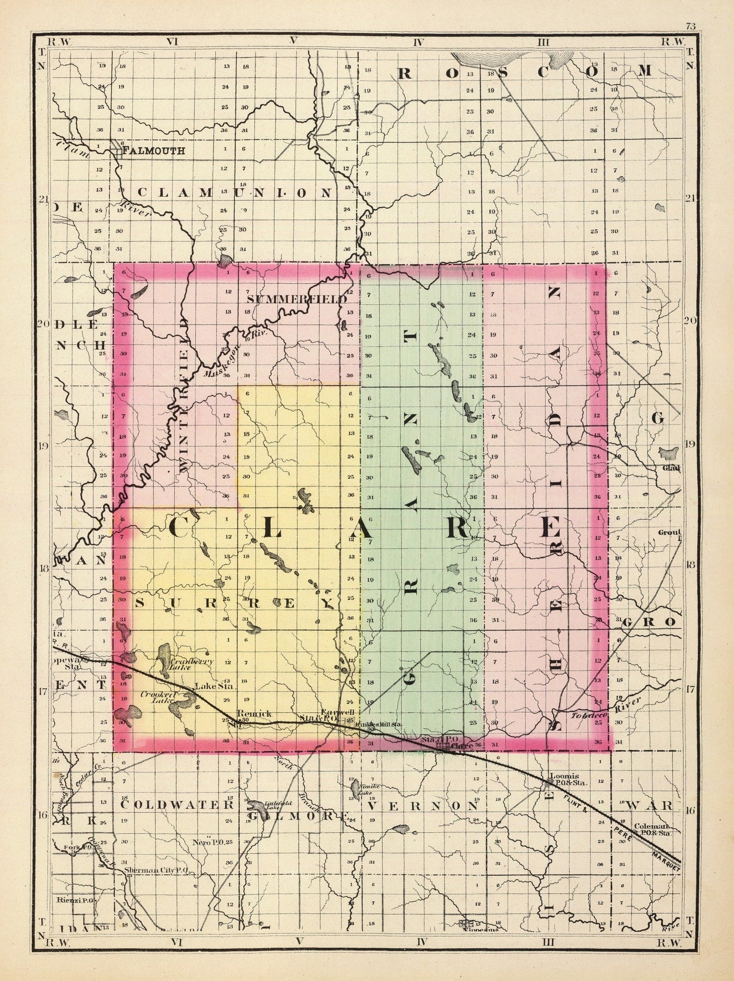 Vintage Map of Clare County, Michigan, 1873