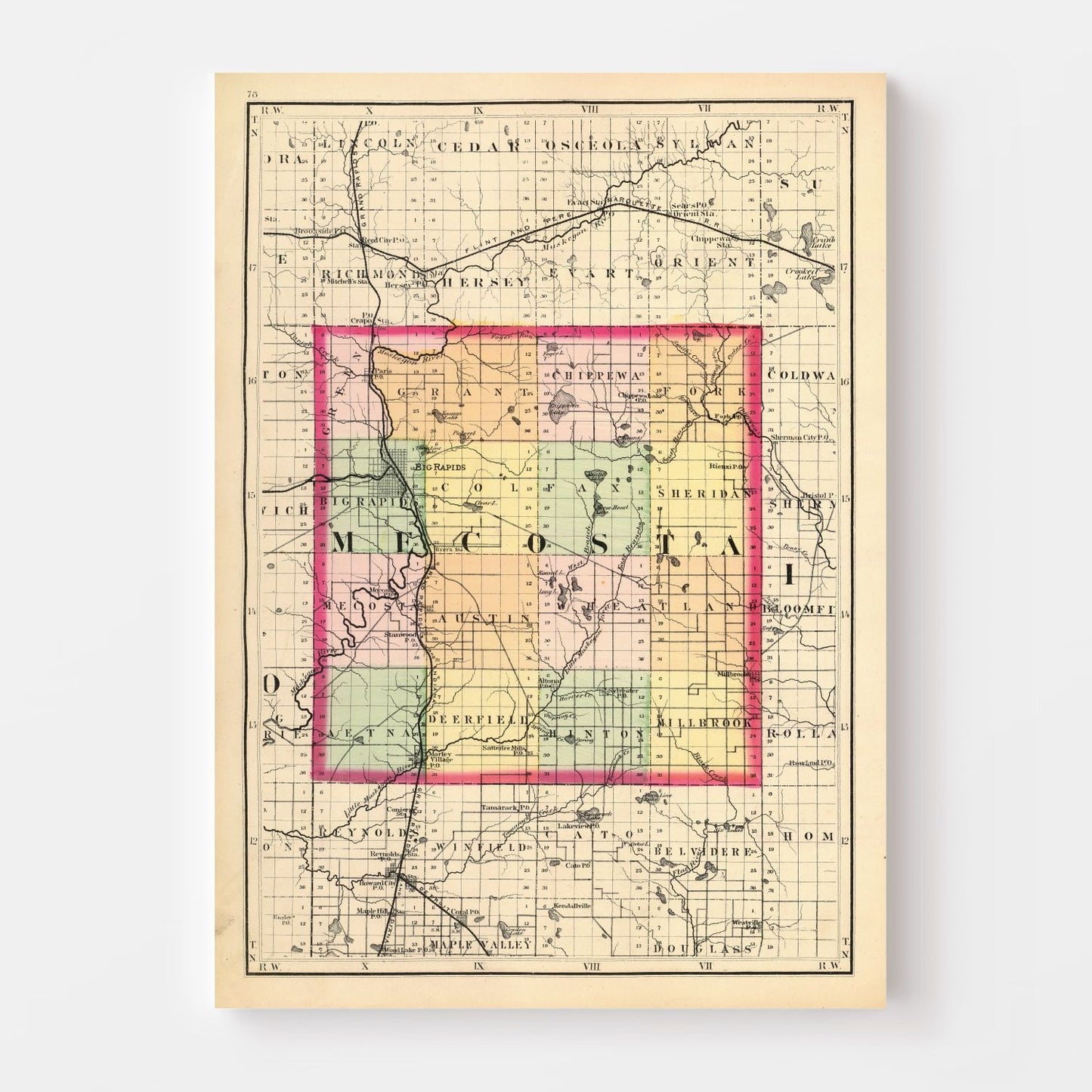 Vintage Map of Mecosta County, Michigan, 1873