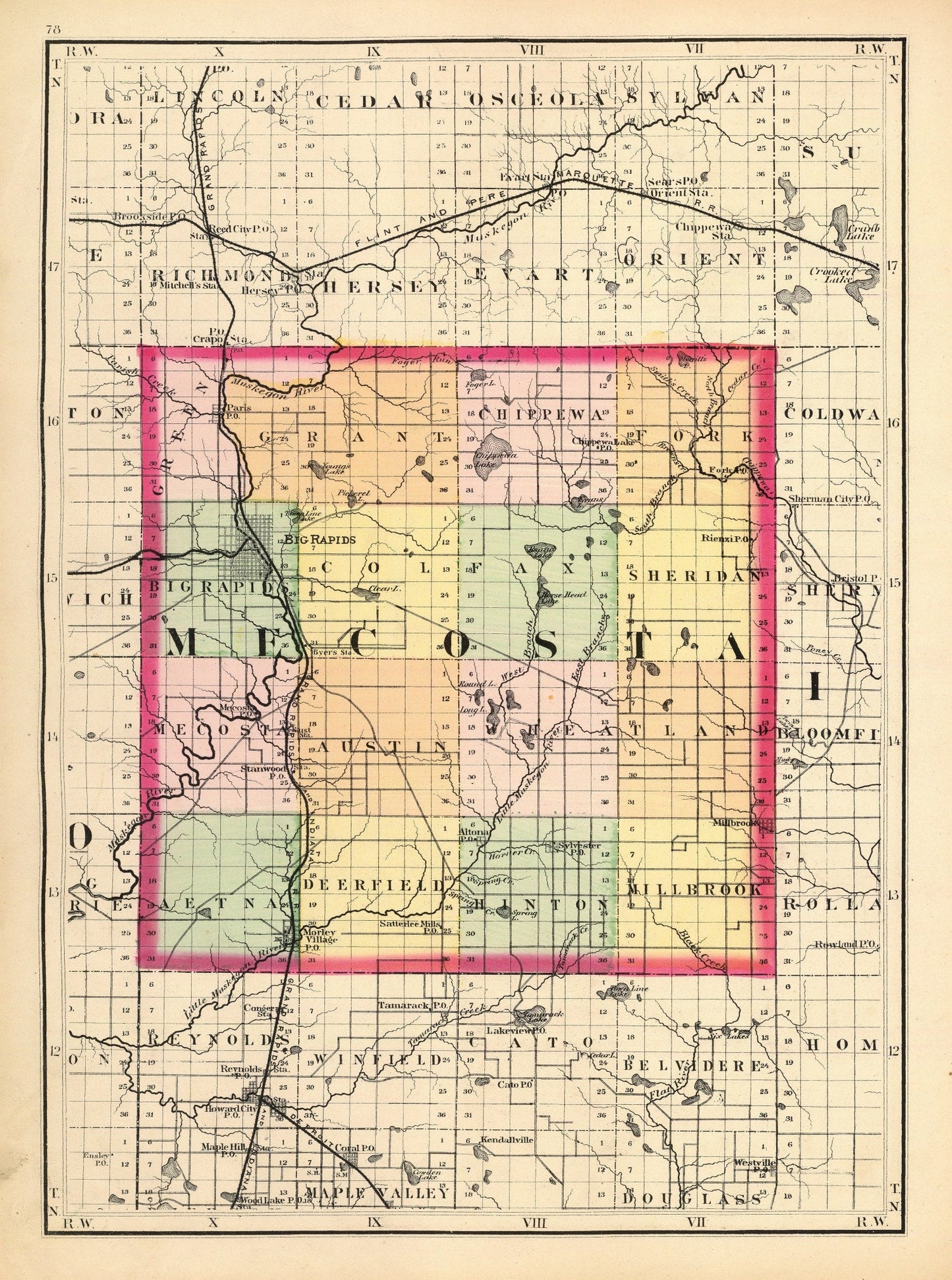 Vintage Map of Mecosta County, Michigan, 1873