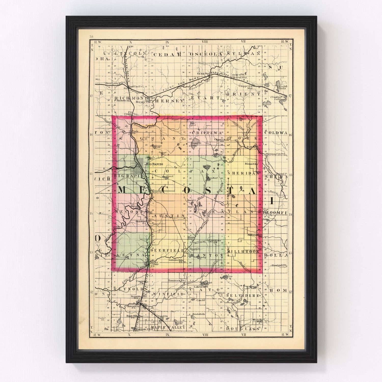 Vintage map of Mecosta County, Michigan, 1873