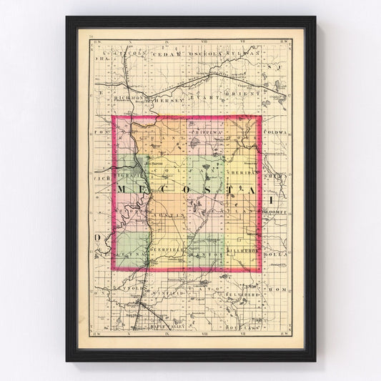 Vintage map of Mecosta County, Michigan, 1873