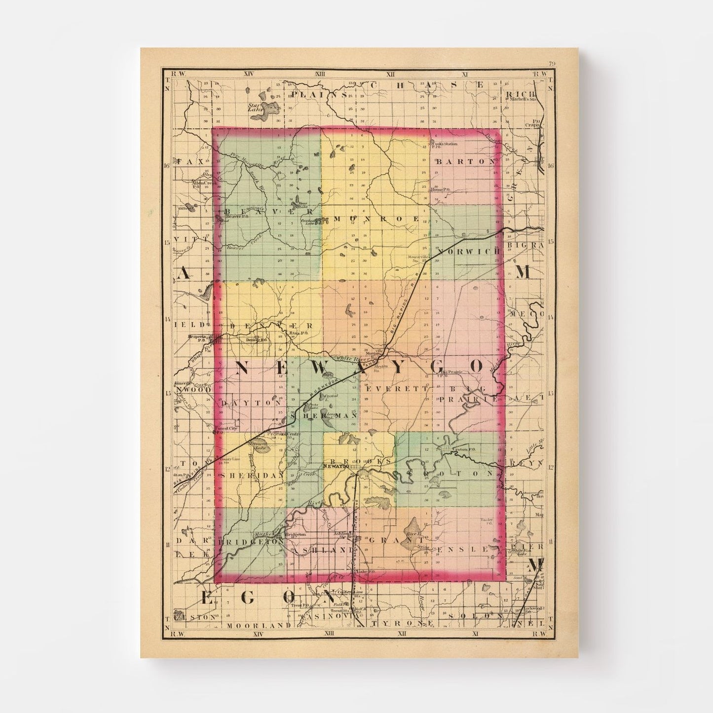 Vintage Map of Newaygo County, Michigan, 1873