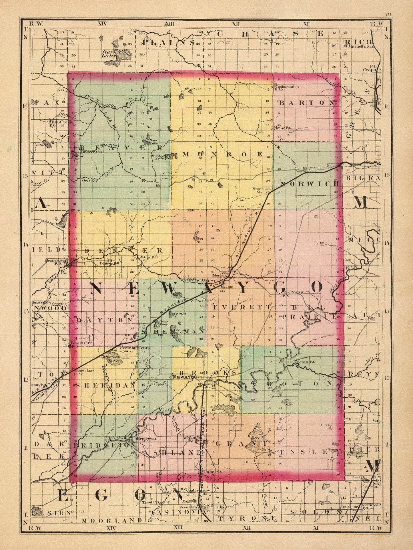 Vintage Map of Newaygo County, Michigan, 1873
