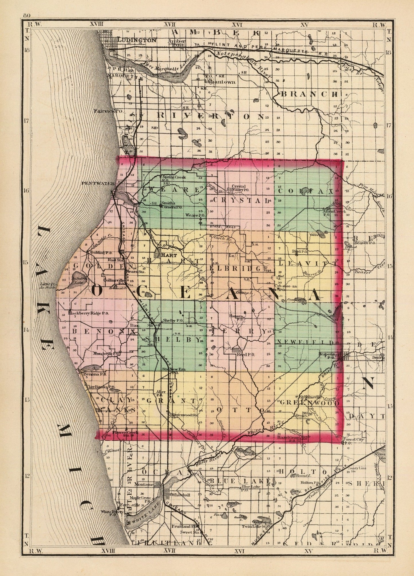 Vintage Map of Oceana County, Michigan, 1873