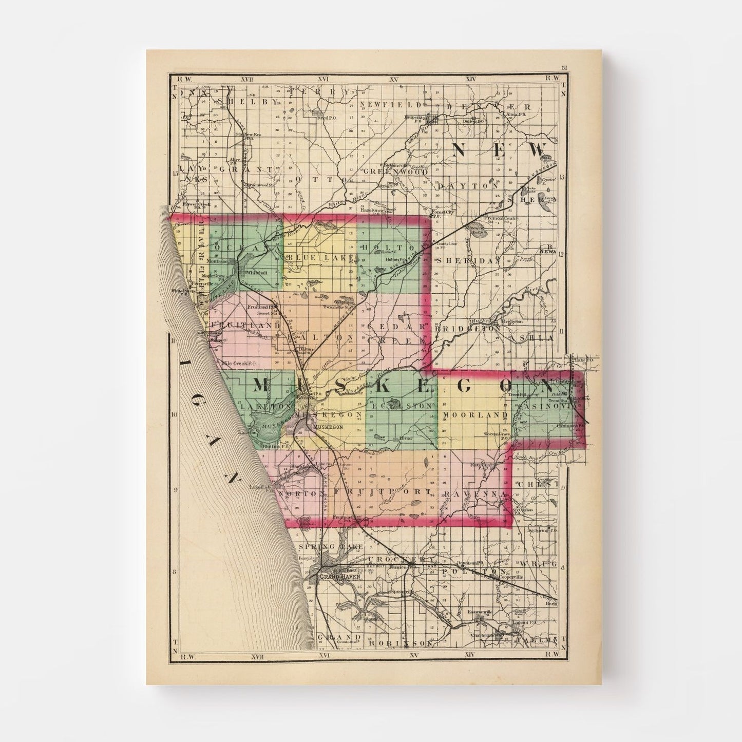 Vintage Map of Muskegon County, Michigan, 1873