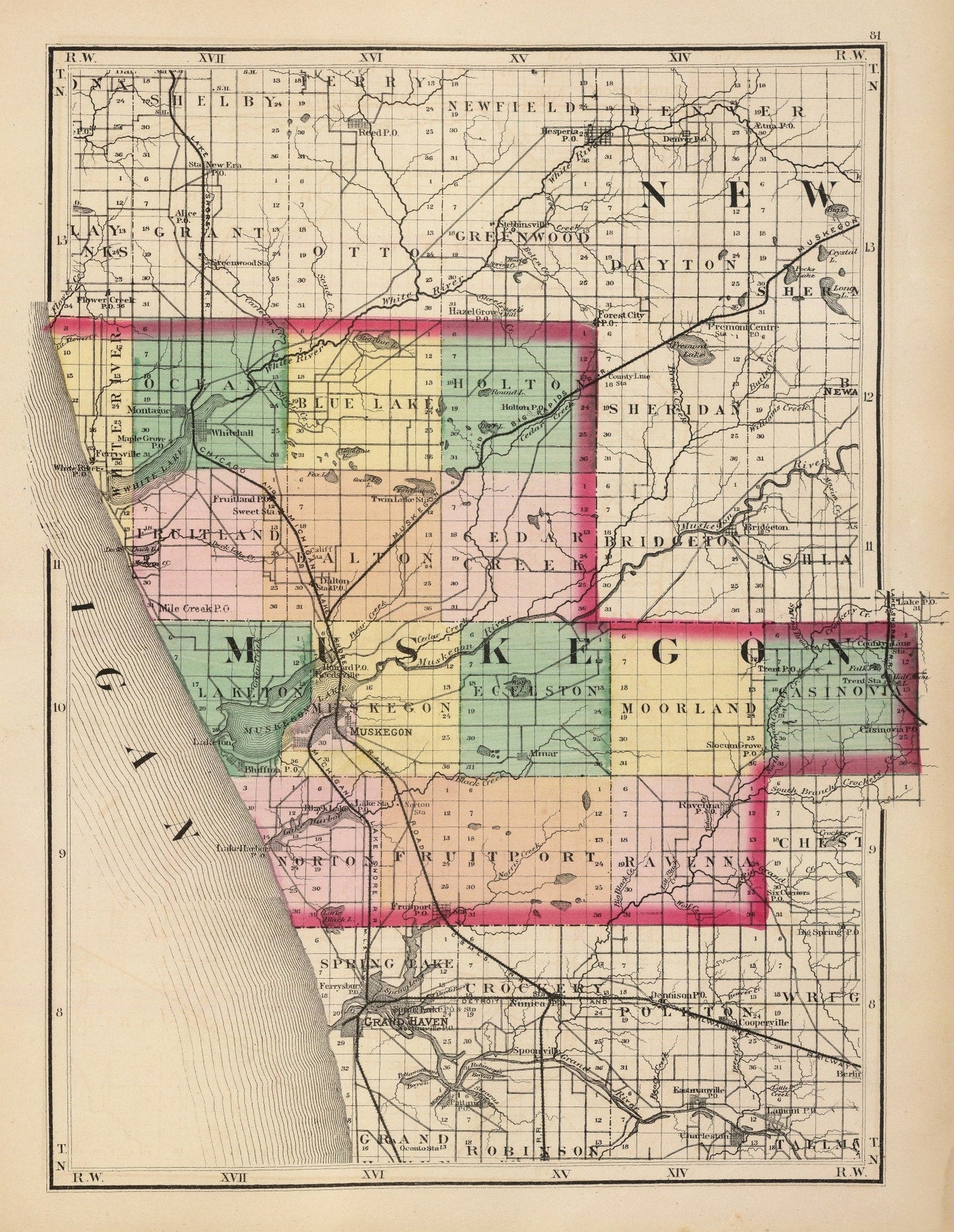 Vintage Map of Muskegon County, Michigan, 1873