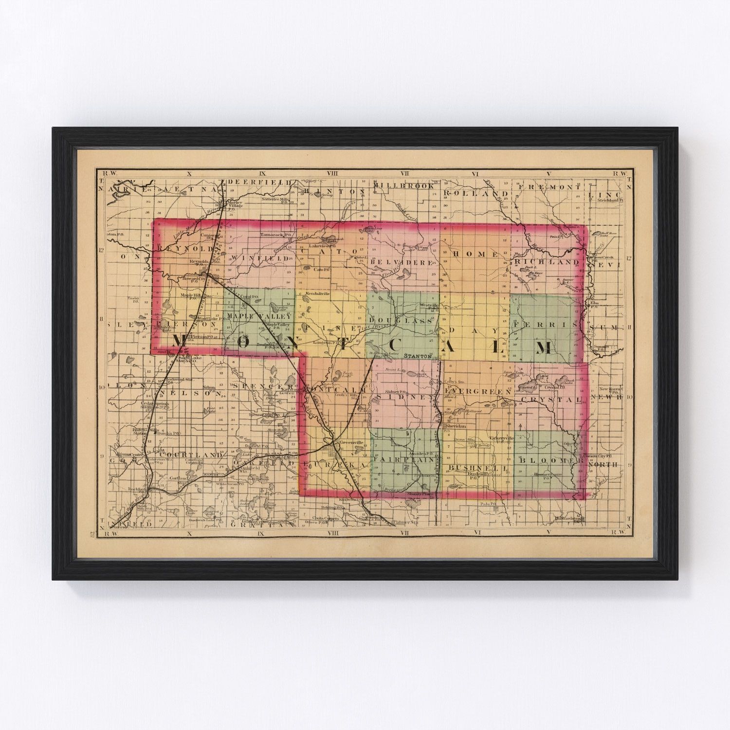 Vintage map of Montcalm County, Michigan, 1873