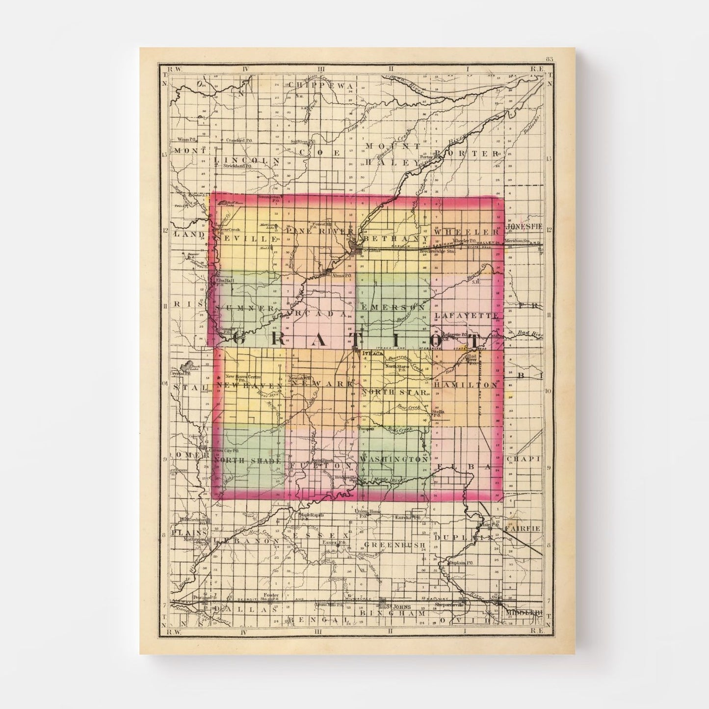 Vintage Map of Gratiot County, Michigan, 1873