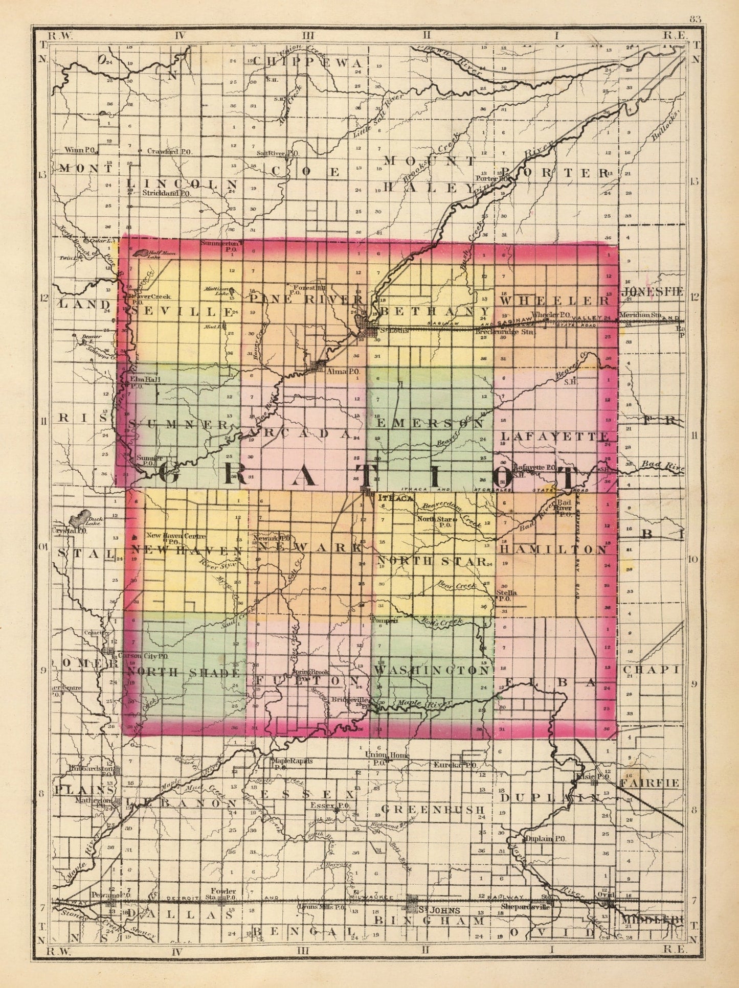 Vintage Map of Gratiot County, Michigan, 1873
