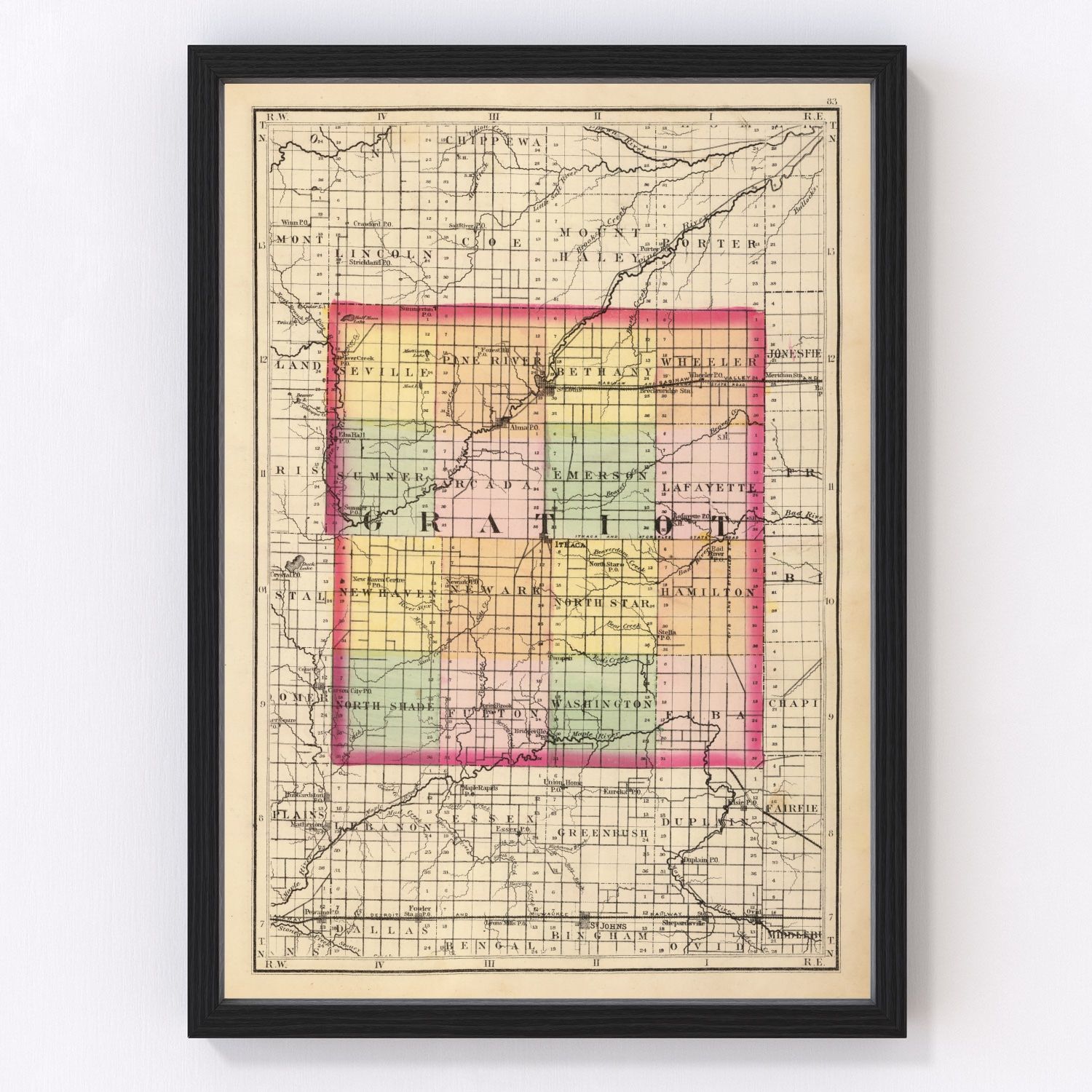 Vintage map of Gratiot County, Michigan, 1873
