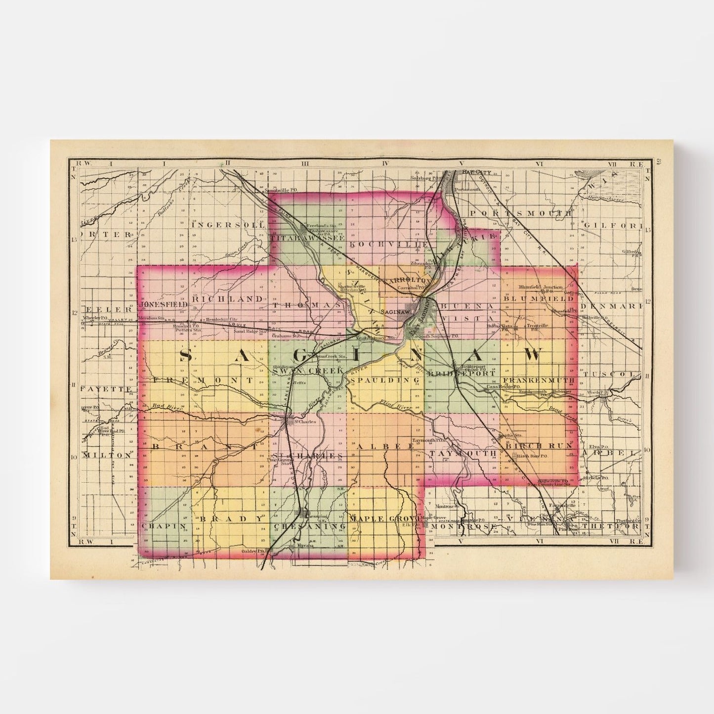 Vintage Map of Saginaw County, Michigan, 1873