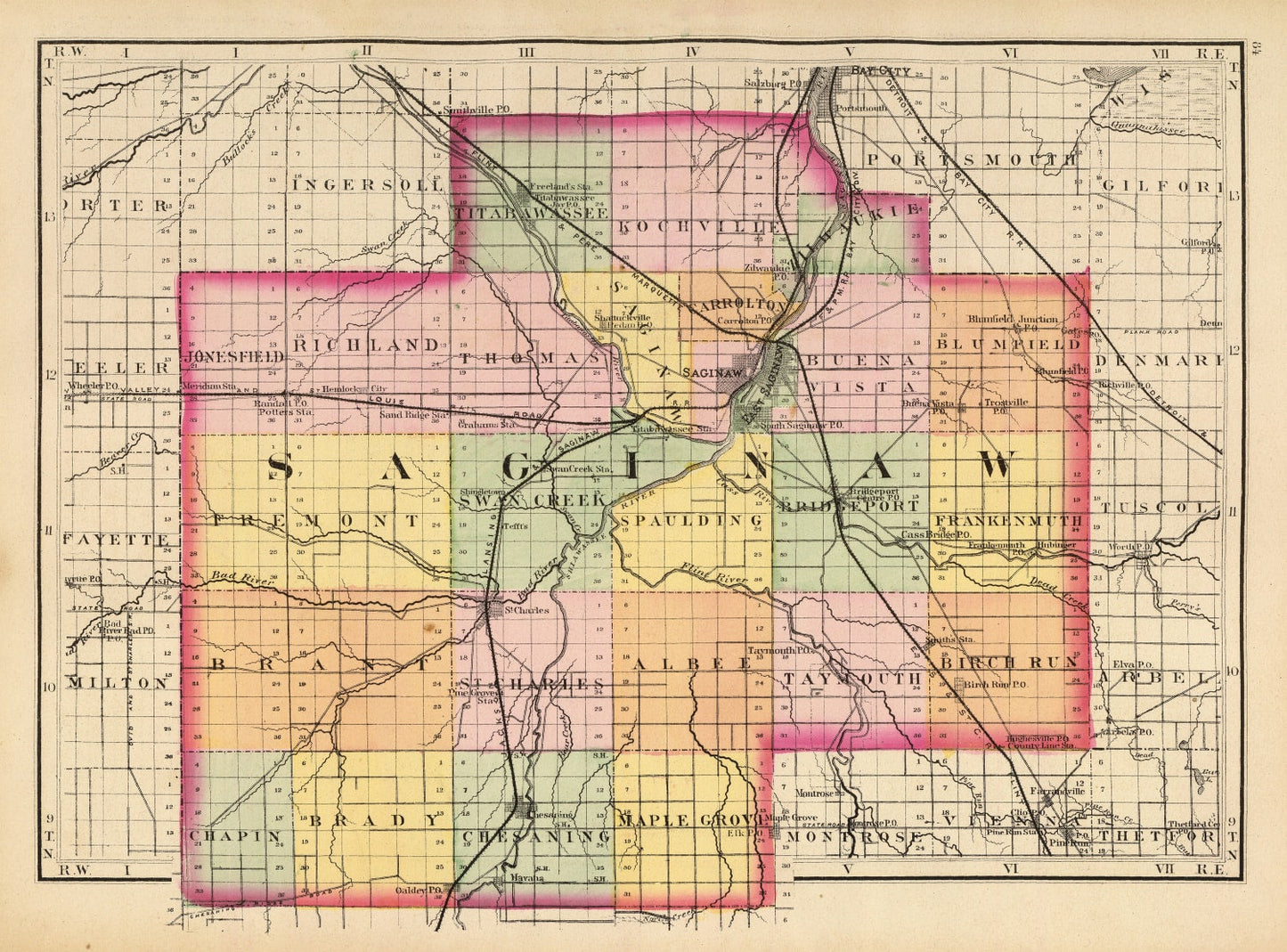 Vintage Map of Saginaw County, Michigan, 1873