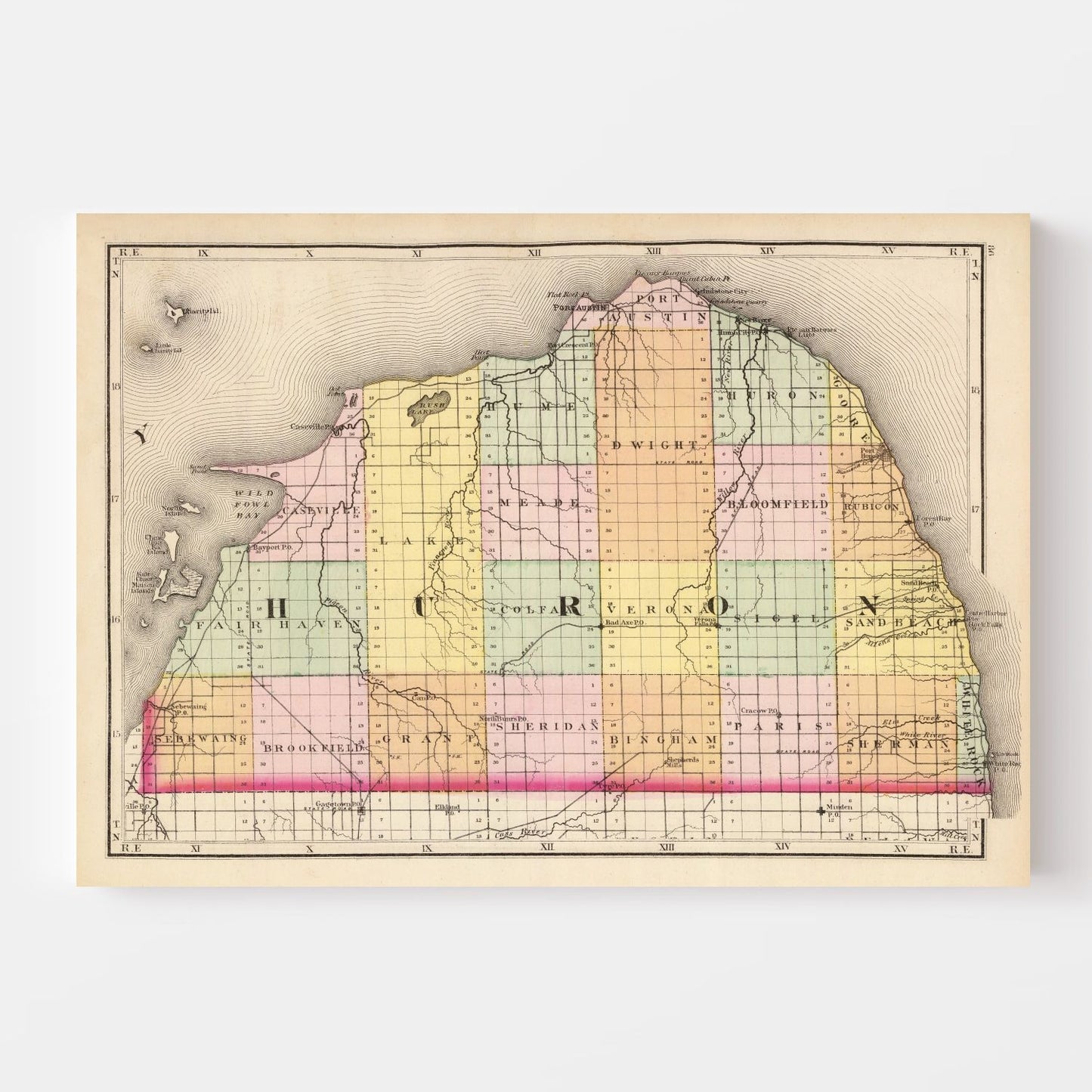 Vintage Map of Huron County, Michigan, 1873