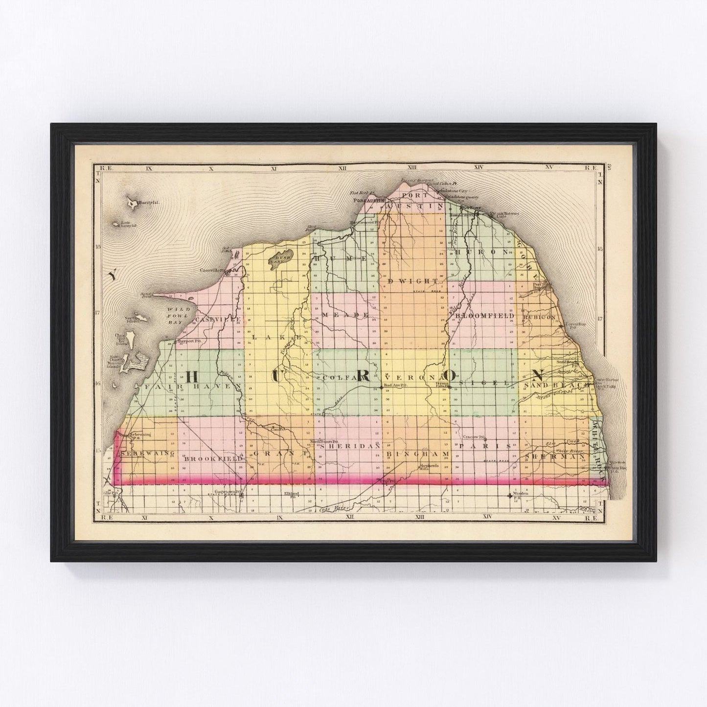 Vintage map of Huron County, Michigan, 1873
