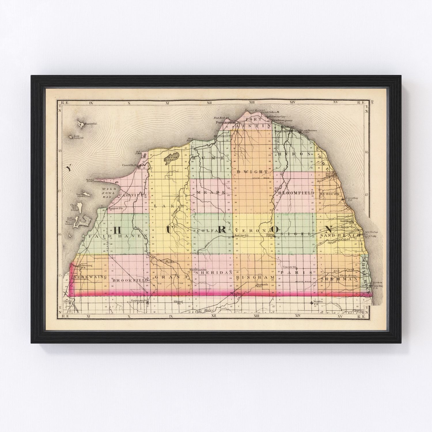 Vintage map of Huron County, Michigan, 1873