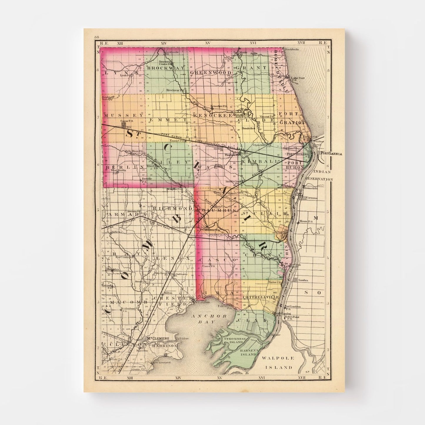 Vintage Map of St. Clair County, Michigan, 1873