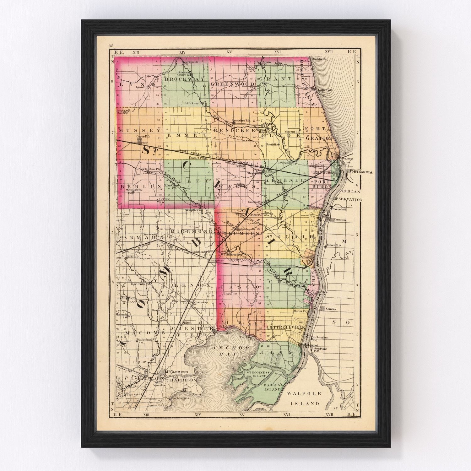 vintage map of St. Clair County, Michigan, 1873
