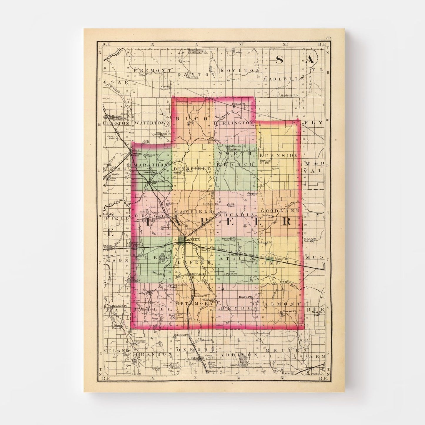 Vintage Map of Lapeer County, Michigan, 1873
