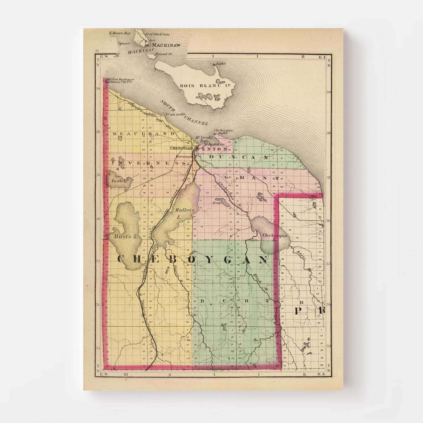 Vintage Map of Cheboygan County, Michigan, 1873