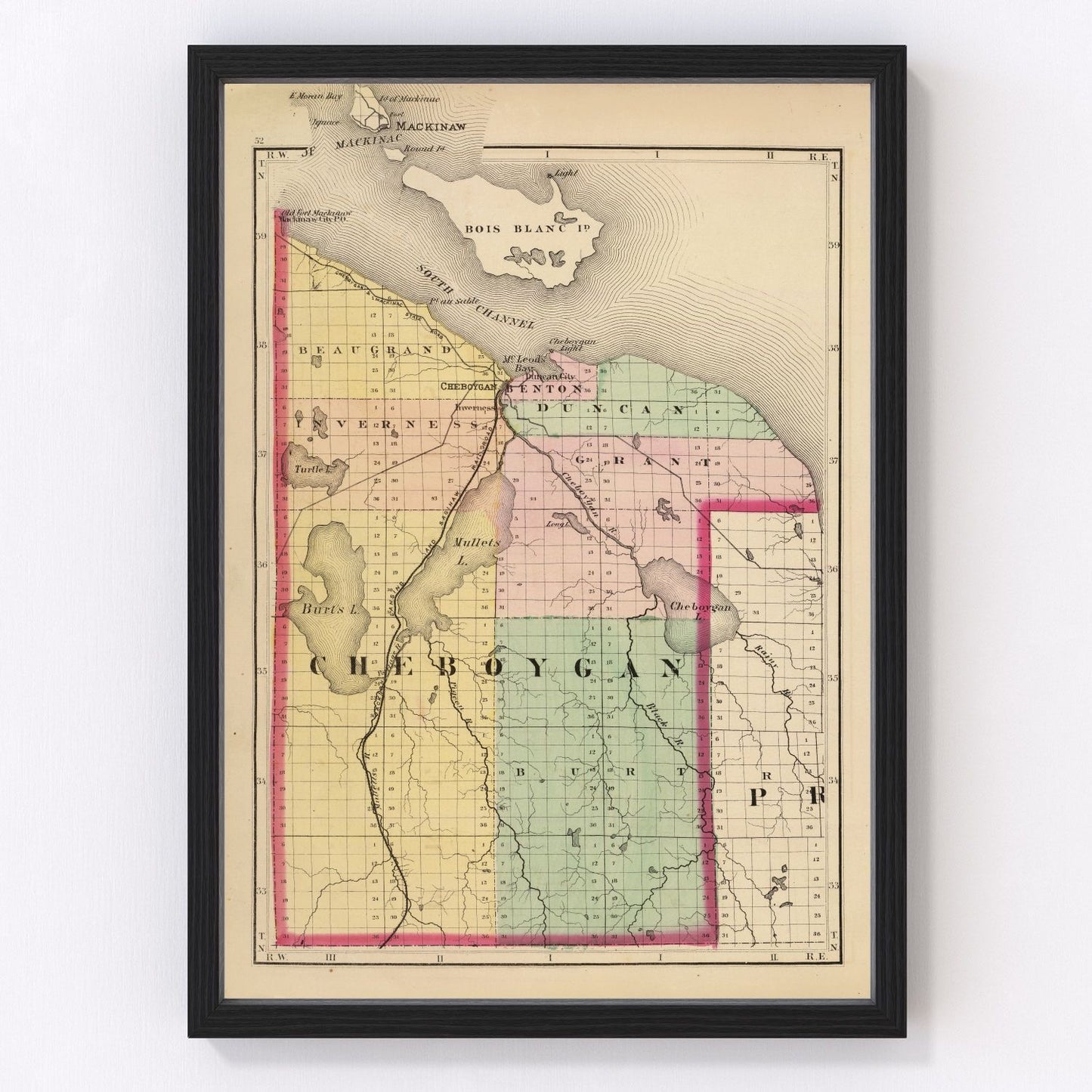 Vintage map of Cheboygan County, Michigan, 1873, digitally restored print