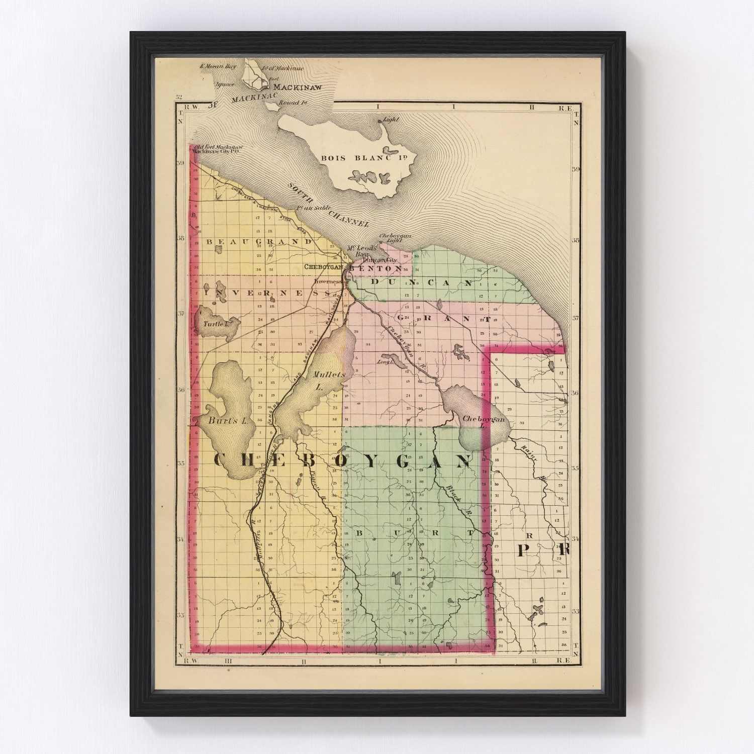 Vintage map of Cheboygan County, Michigan, 1873, digitally restored print