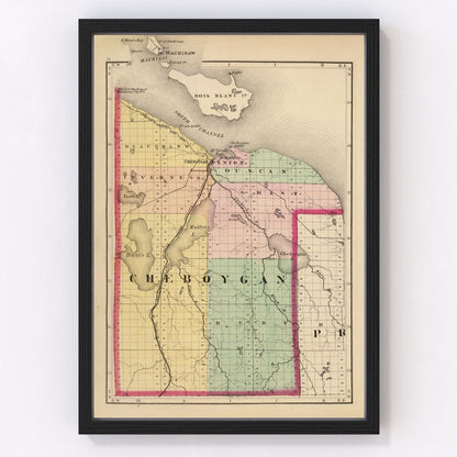 Vintage map of Cheboygan County, Michigan, 1873, digitally restored print