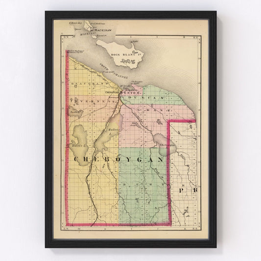Vintage map of Cheboygan County, Michigan, 1873, digitally restored print