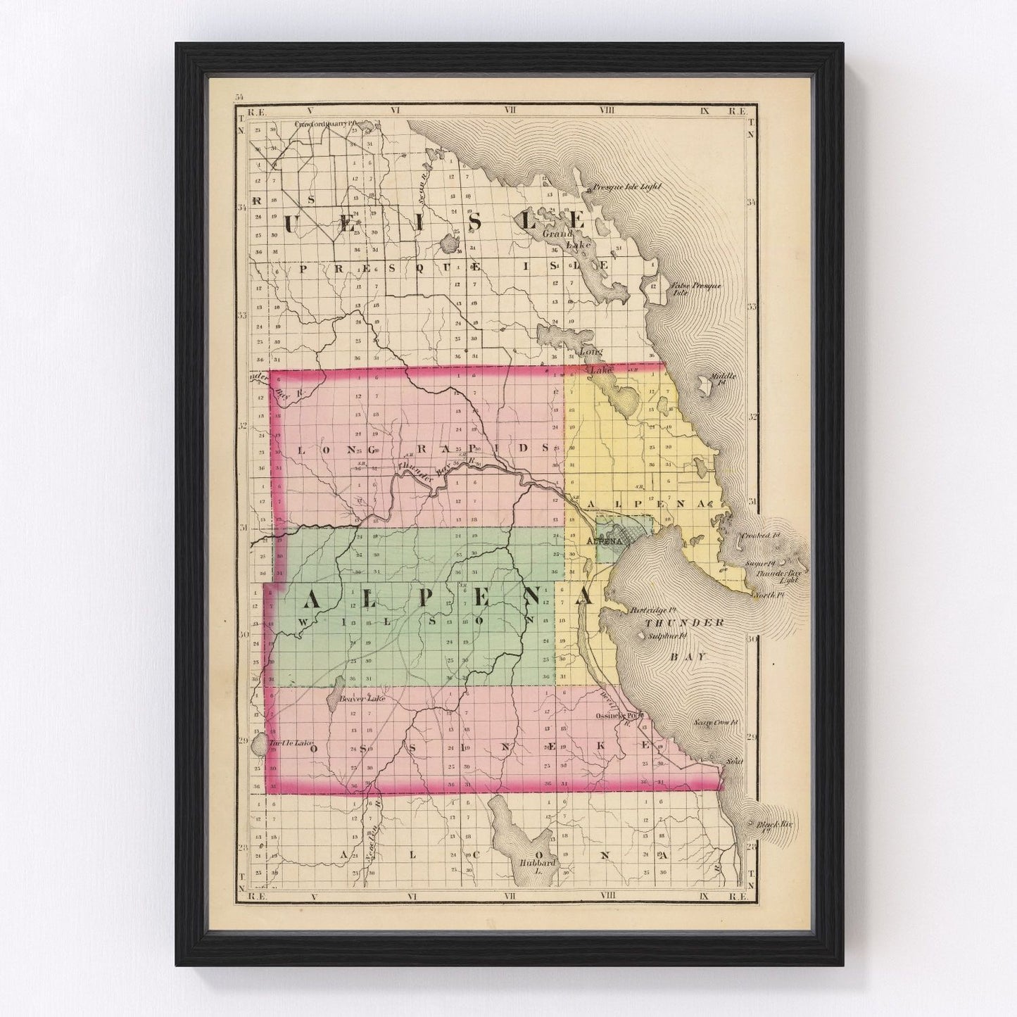 Vintage map of Alpena County, Michigan, 1873, Lake Huron shoreline