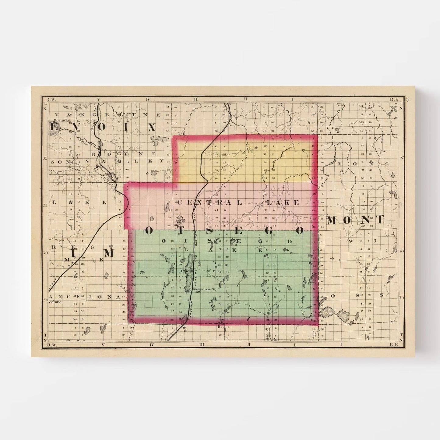 Vintage Map of Otsego County, Michigan, 1873