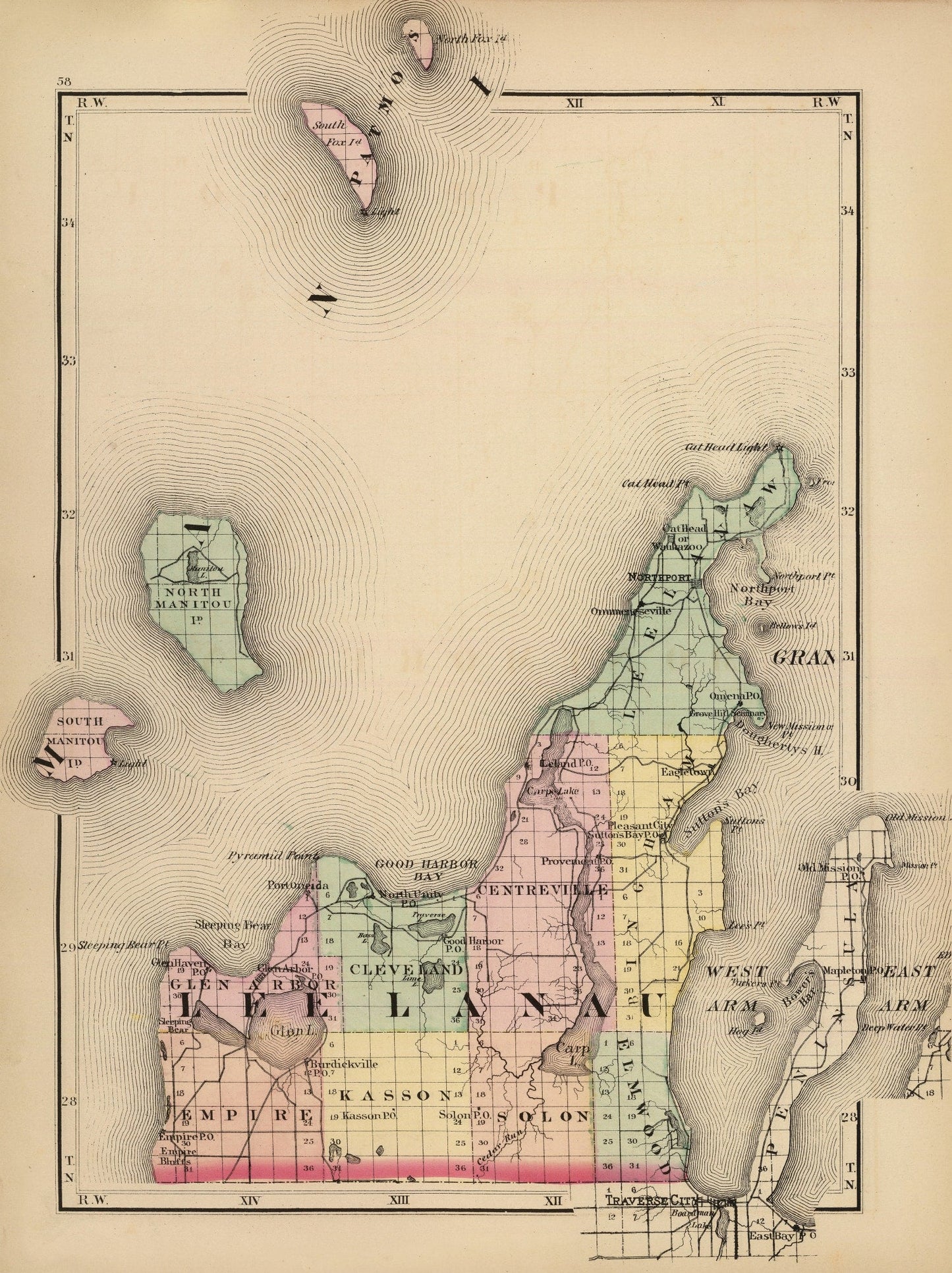 Vintage Map of Leelanau County, Michigan, 1873