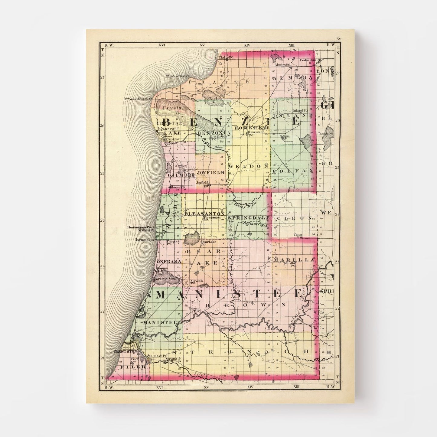 Vintage Map of Manistee County, Michigan, 1873