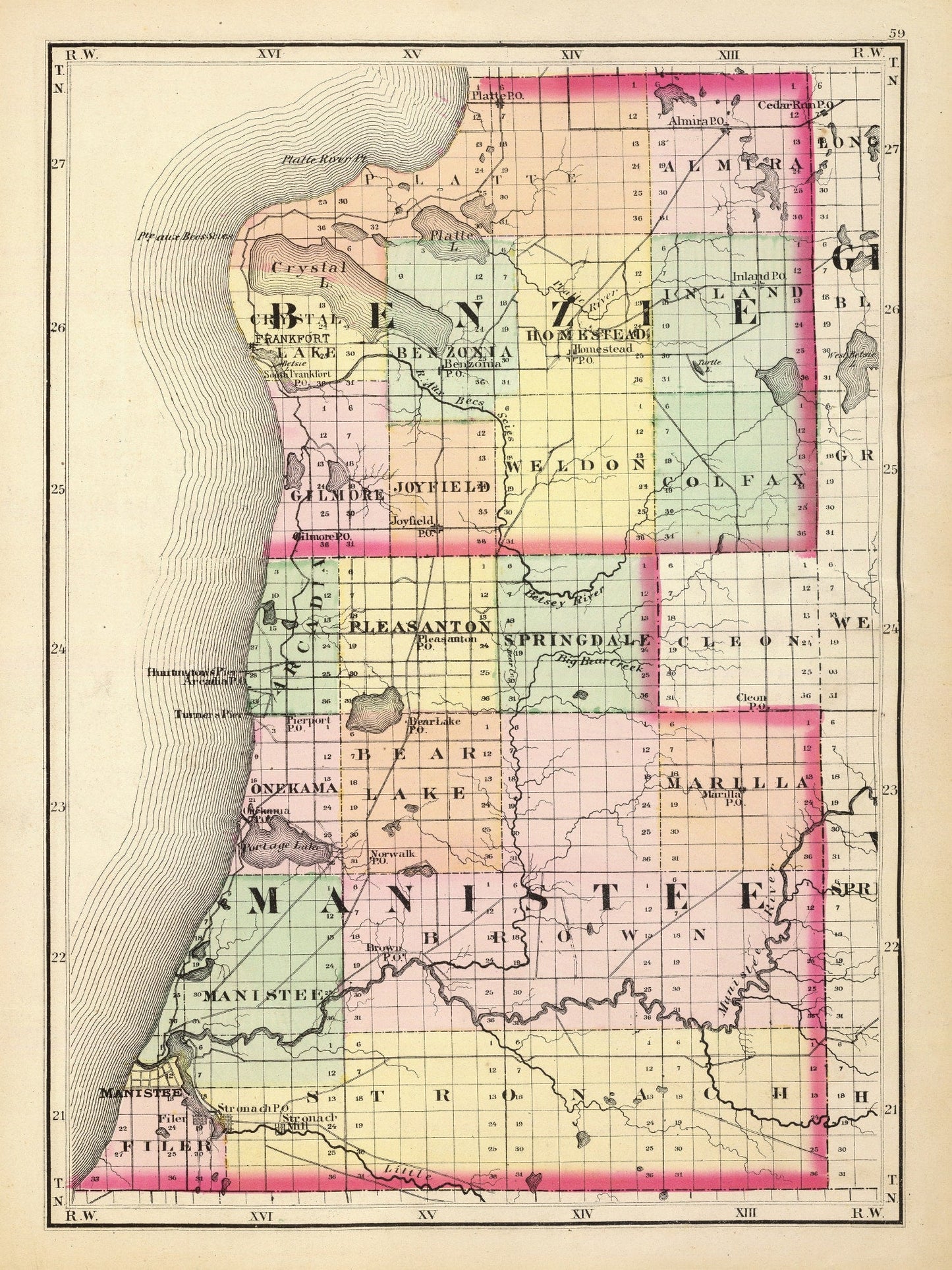 Vintage Map of Manistee County, Michigan, 1873