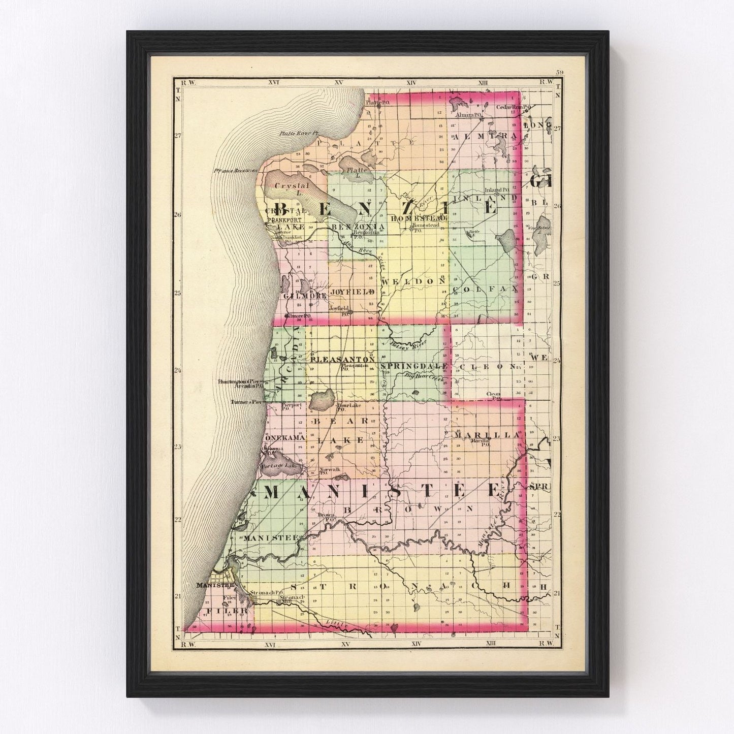 Vintage map of Manistee County, Michigan, 1873