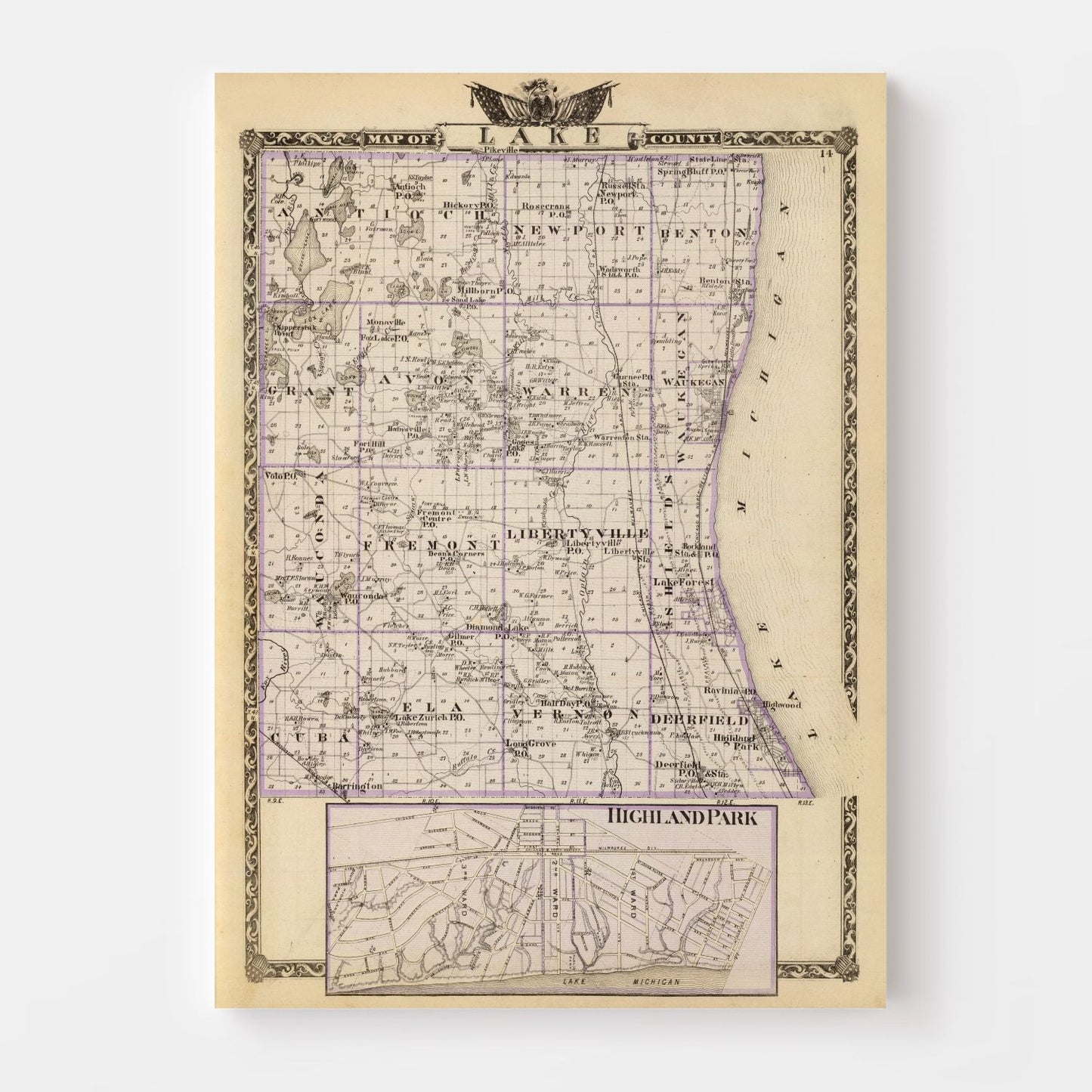 Vintage Map of Lake County, Illinois, 1876