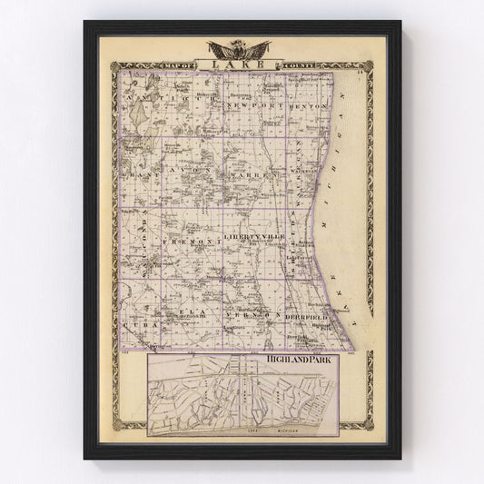 vintage map of Lake County, Illinois, 1876