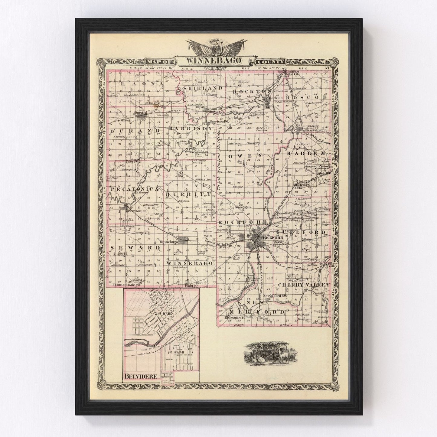 Vintage map of Winnebago County, Illinois, 1876, with Rockford, restored wall art