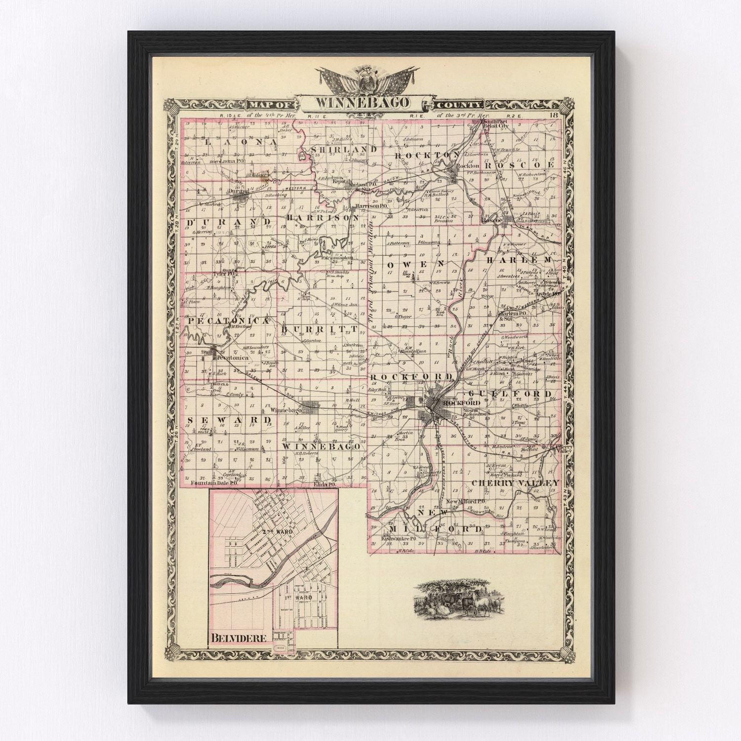 Vintage map of Winnebago County, Illinois, 1876, with Rockford, restored wall art