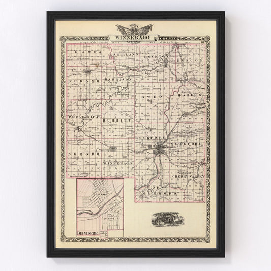 Vintage map of Winnebago County, Illinois, 1876, with Rockford, restored wall art